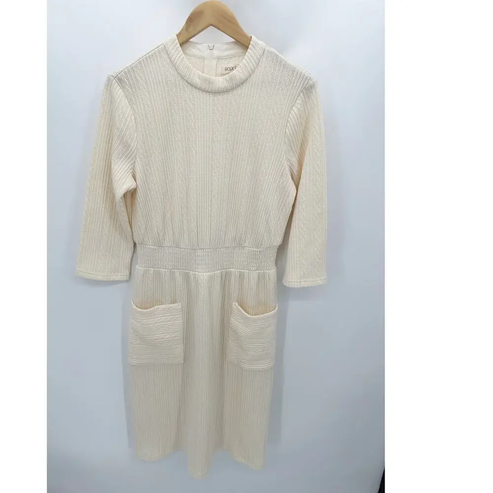 Roolee Dress Women MEDIUM Yellow Cream Knit Long Sleeve Patch Pocket Modest Midi